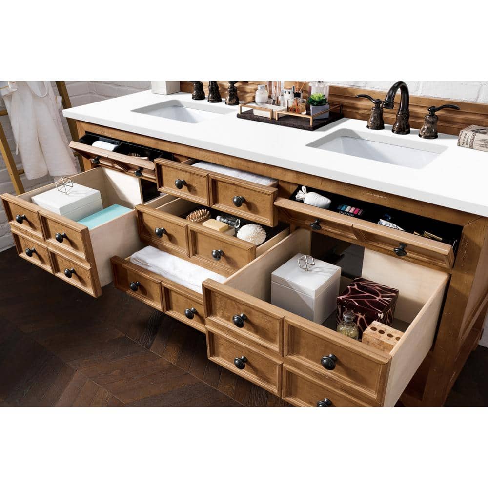 James Martin Vanities Malibu 72" Honey Alder Double Vanity with White Zeus Quartz Top