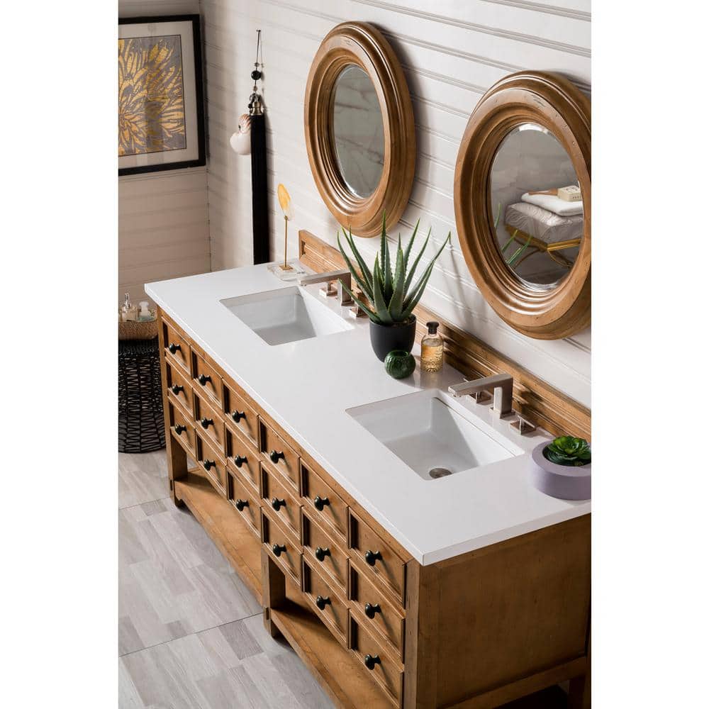 James Martin Vanities Malibu 72" Honey Alder Double Vanity with White Zeus Quartz Top