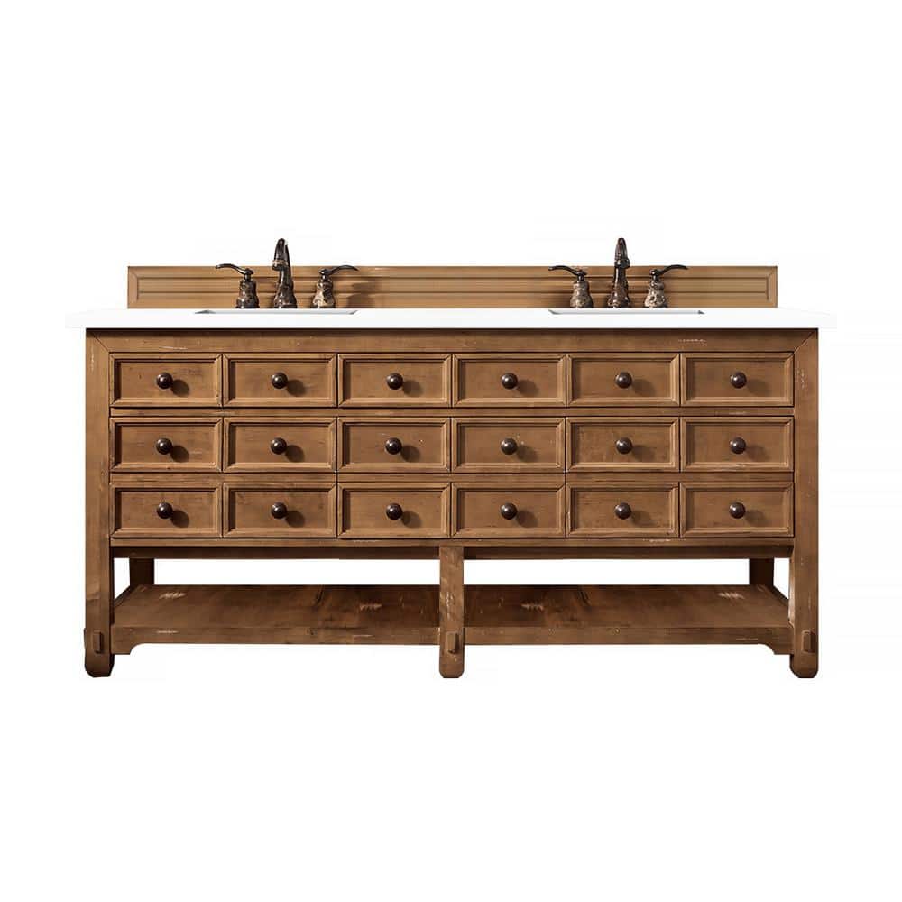 James Martin Vanities Malibu 72" Honey Alder Double Vanity with White Zeus Quartz Top