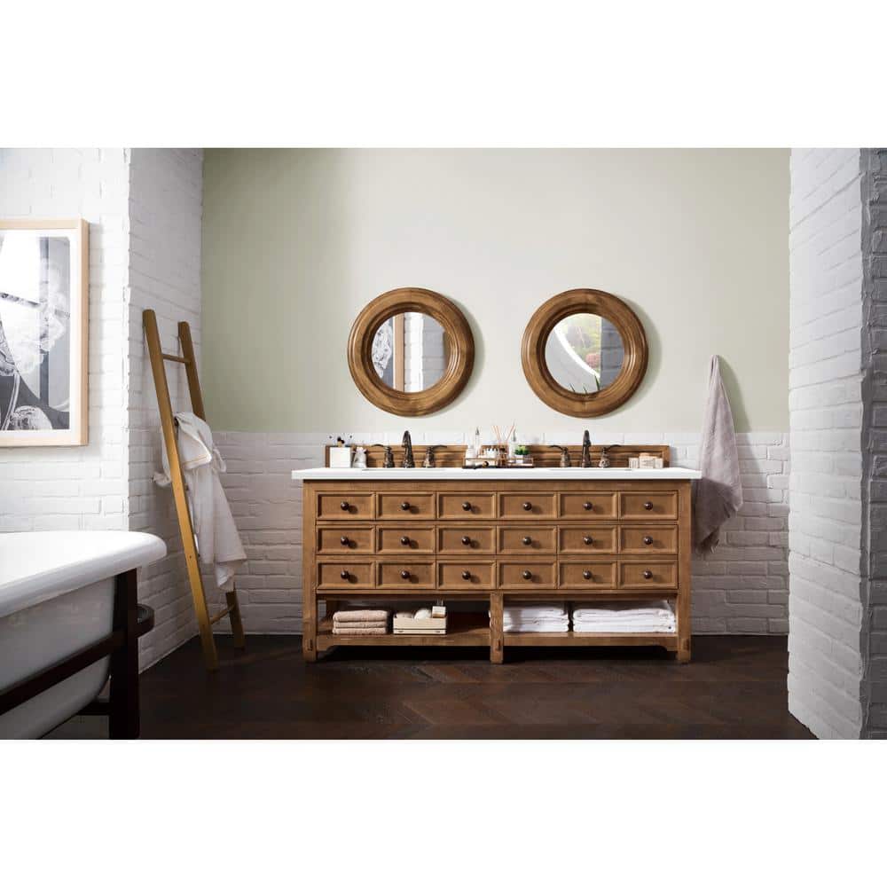 James Martin Vanities Malibu 72" Honey Alder Double Vanity with White Zeus Quartz Top