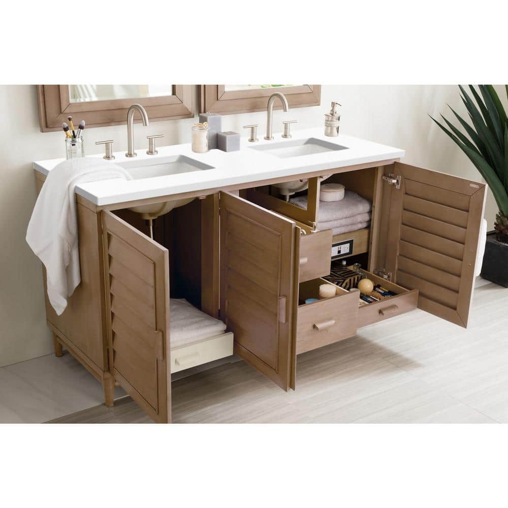 James Martin Vanities Portland 60" Bathroom Vanity in Whitewashed Walnut with Quartz Top