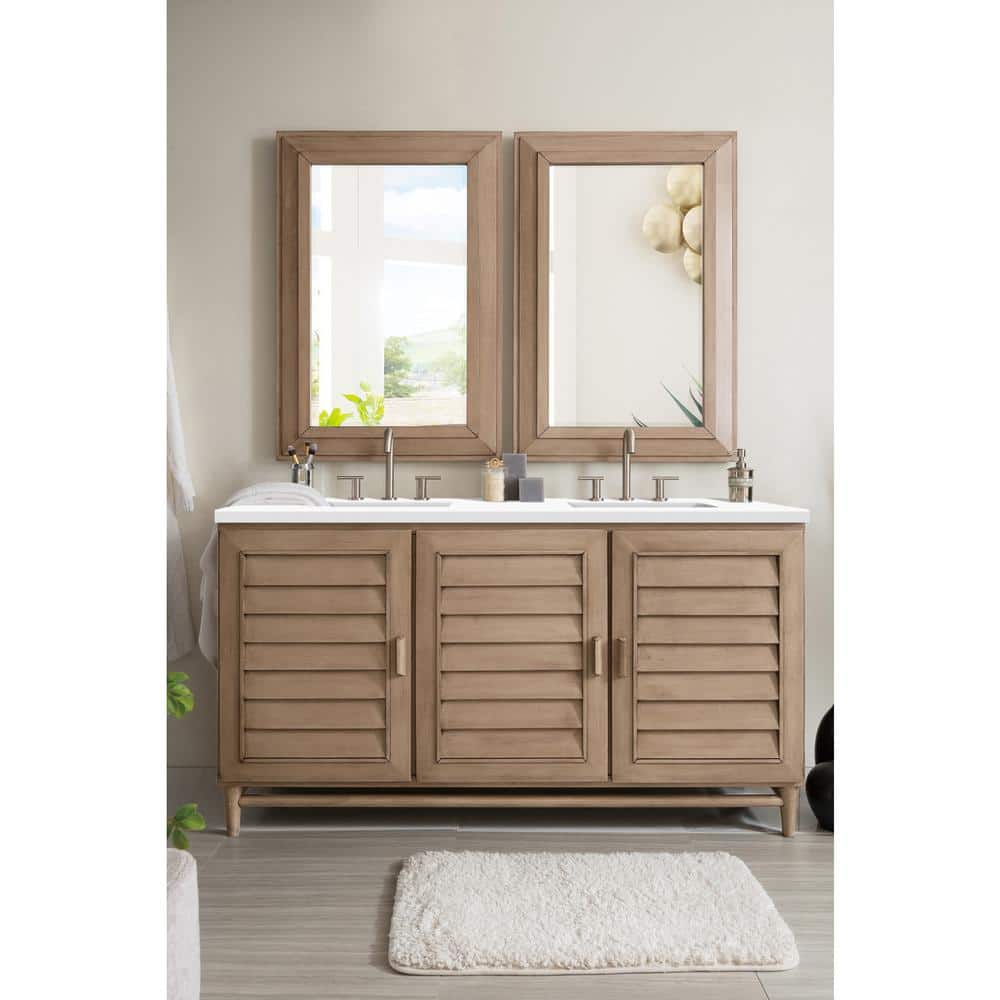 James Martin Vanities Portland 60" Bathroom Vanity in Whitewashed Walnut with Quartz Top
