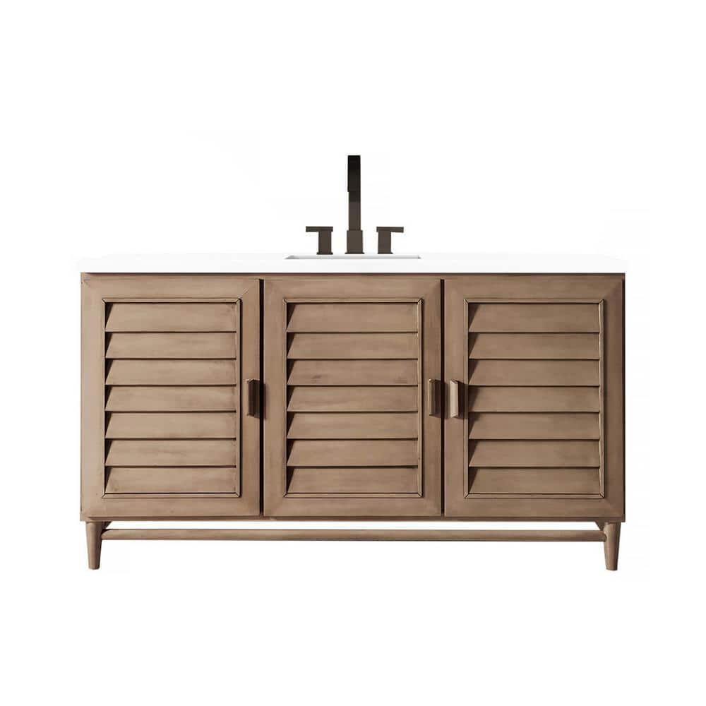 James Martin Vanities Portland 60" Bathroom Vanity in Whitewashed Walnut with Quartz Top