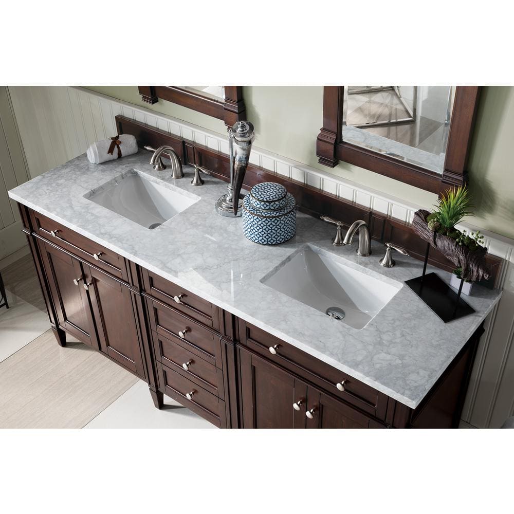 James Martin Vanities Brittany 72" Double Bath Vanity in Burnished Mahogany with Carrara Marble Top
