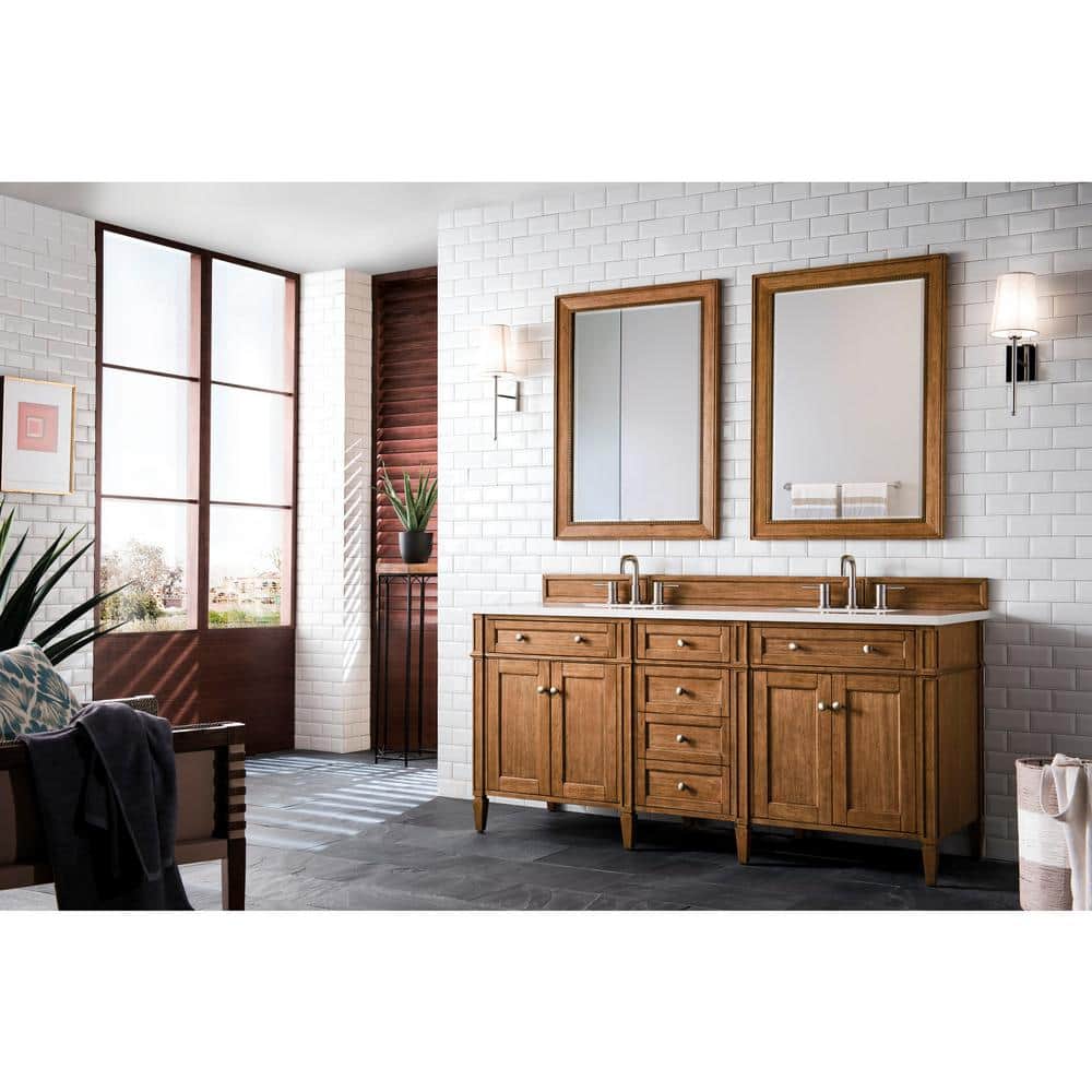 James Martin Vanities Brittany 72" Saddle Brown Double Vanity with White Zeus Quartz Top