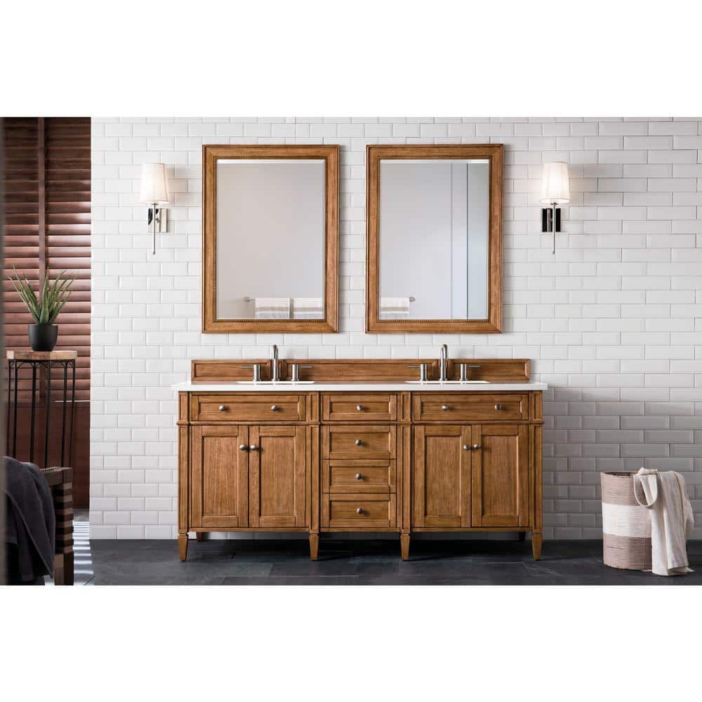 James Martin Vanities Brittany 72" Saddle Brown Double Vanity with White Zeus Quartz Top