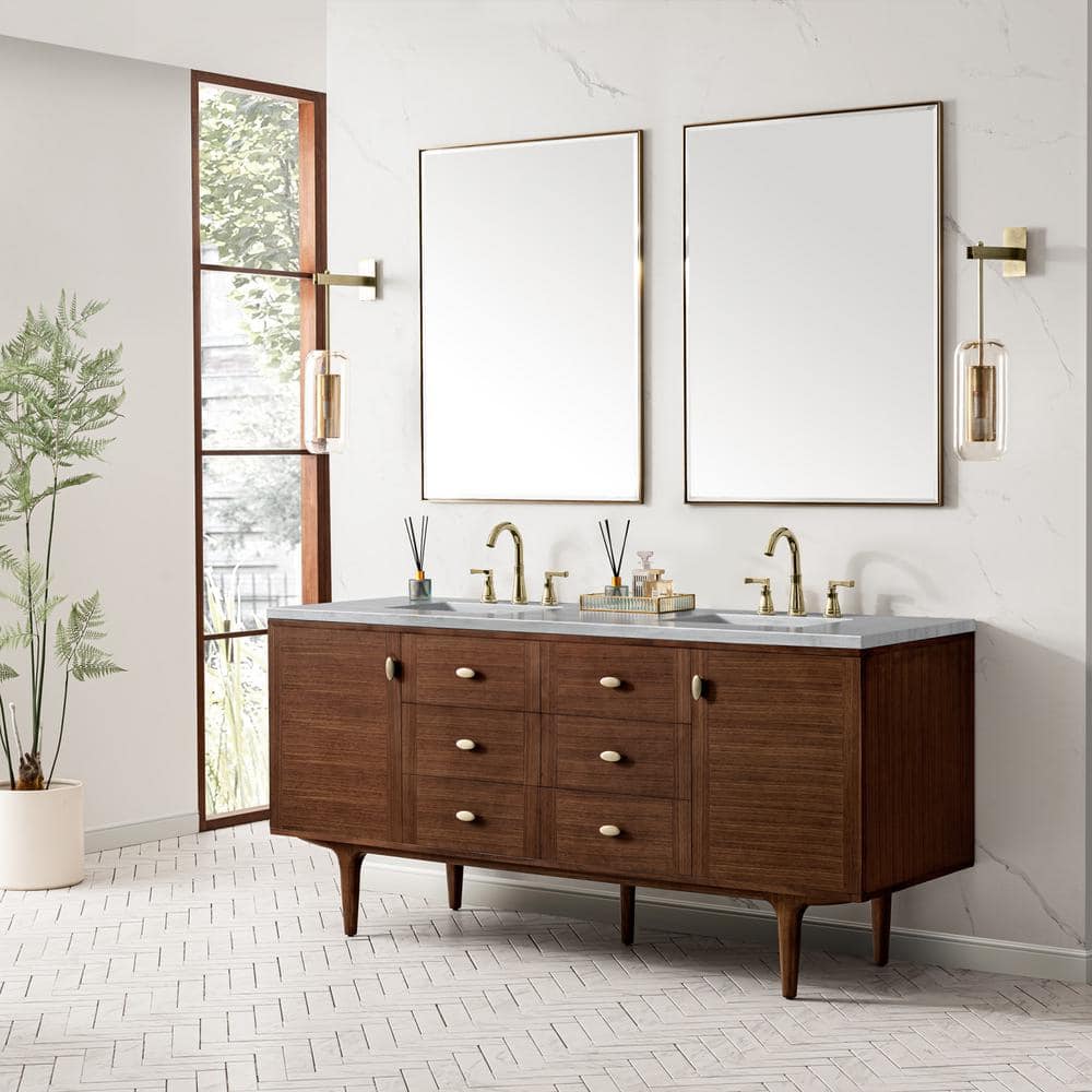 James Martin Vanities Amberly 72" Mid-Century Walnut Bathroom Vanity with Arctic Fall Top