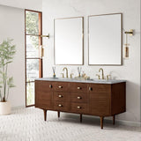 James Martin Vanities Amberly 72" Mid-Century Walnut Bathroom Vanity with Arctic Fall Top
