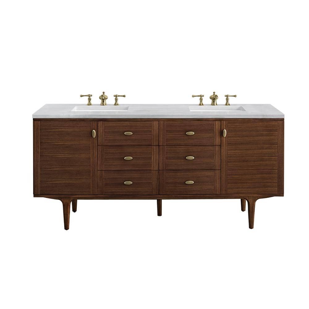 James Martin Vanities Amberly 72" Mid-Century Walnut Bathroom Vanity with Arctic Fall Top