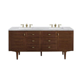 James Martin Vanities Amberly 72" Mid-Century Walnut Bathroom Vanity with Arctic Fall Top
