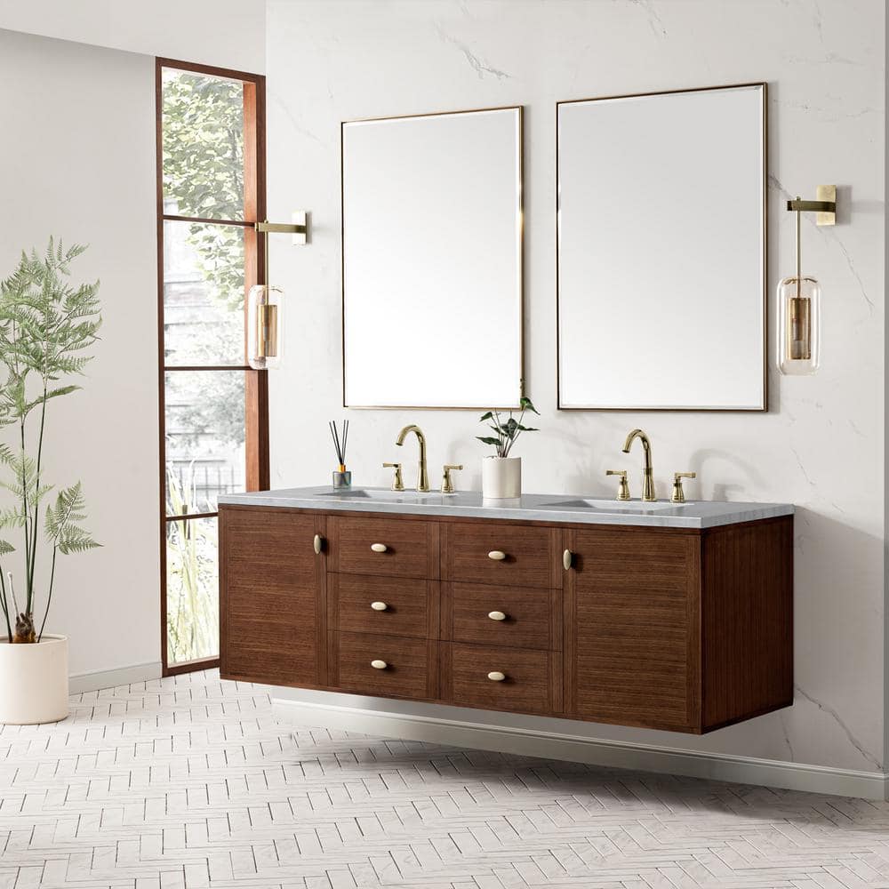 James Martin Vanities Amberly 72" Mid-Century Walnut Bathroom Vanity with Arctic Fall Top