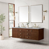 James Martin Vanities Amberly 72" Mid-Century Walnut Bathroom Vanity with Arctic Fall Top
