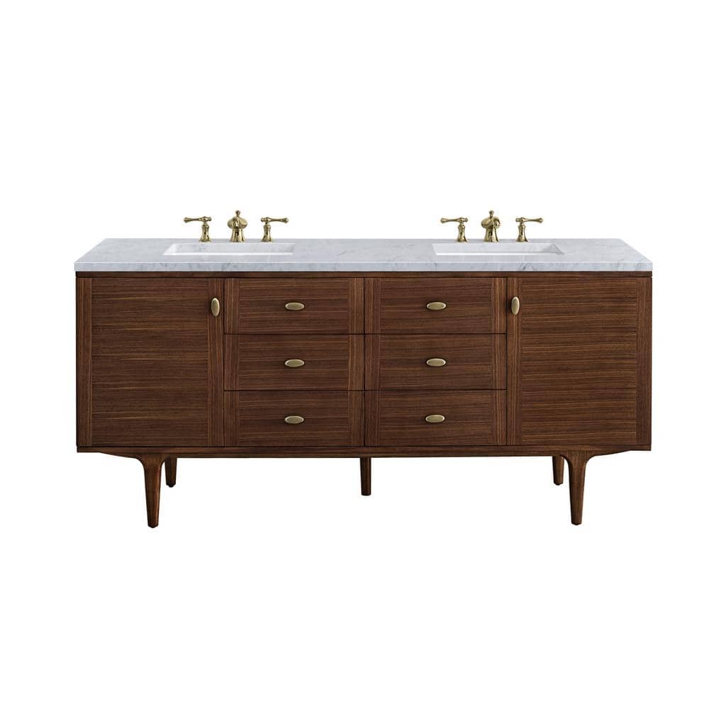 James Martin Vanities Amberly 72" Mid-Century Walnut Bathroom Vanity with Carrara Marble Top