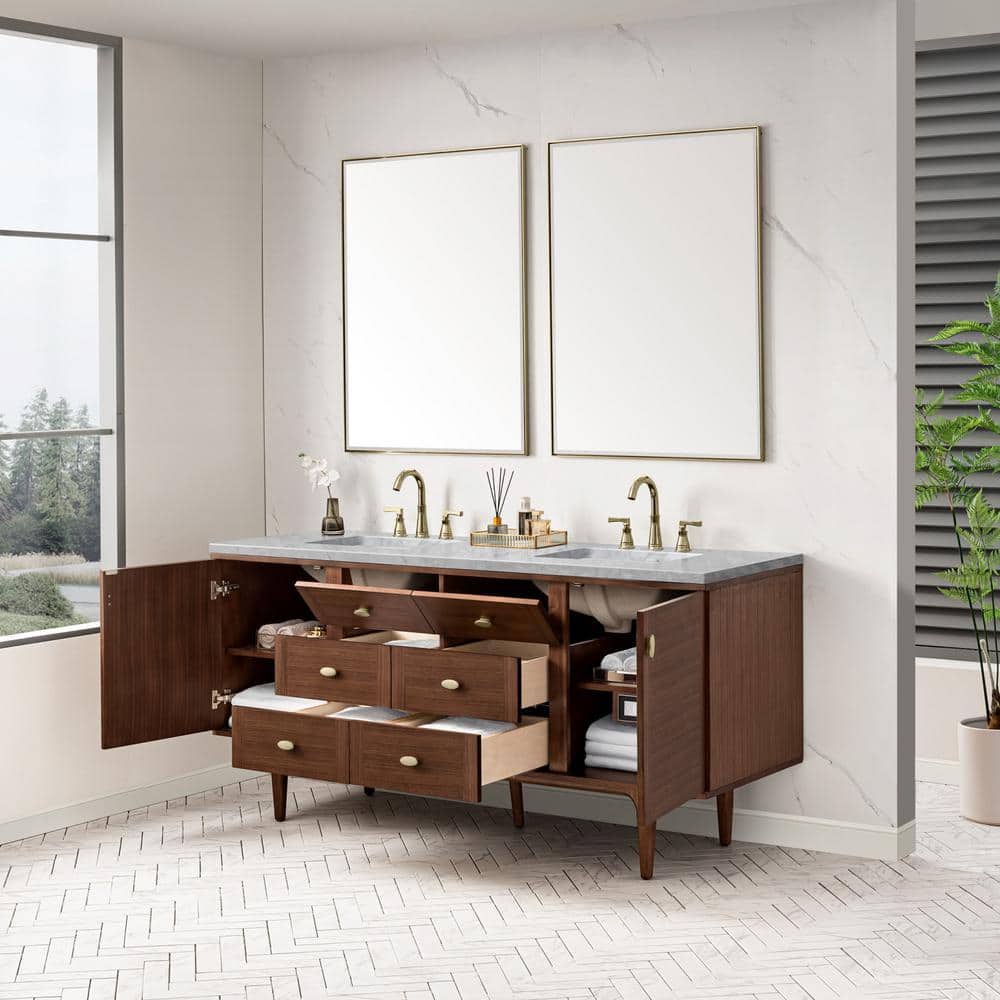 James Martin Vanities Amberly 72" Mid-Century Walnut Bathroom Vanity with Carrara Marble Top
