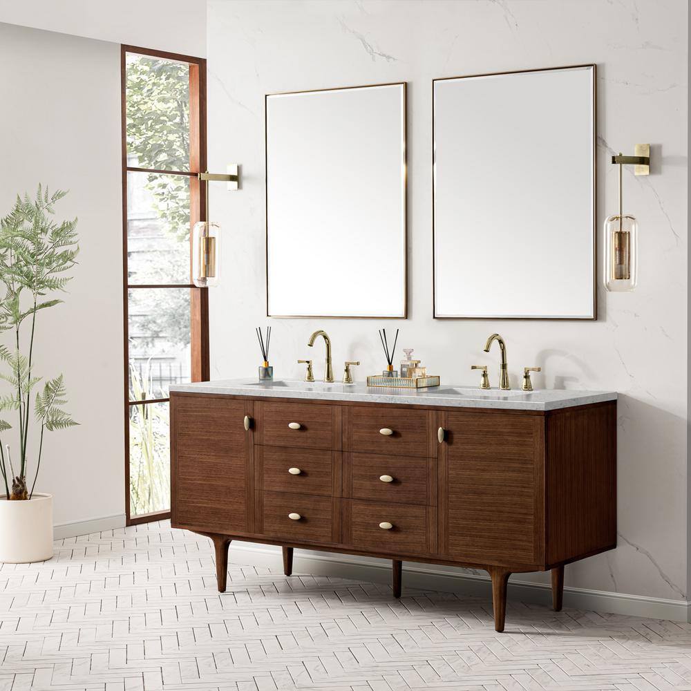 James Martin Vanities Amberly 72" Mid-Century Walnut Bathroom Vanity with Quartz Top