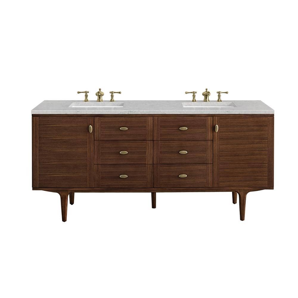 James Martin Vanities Amberly 72" Mid-Century Walnut Bathroom Vanity with Quartz Top