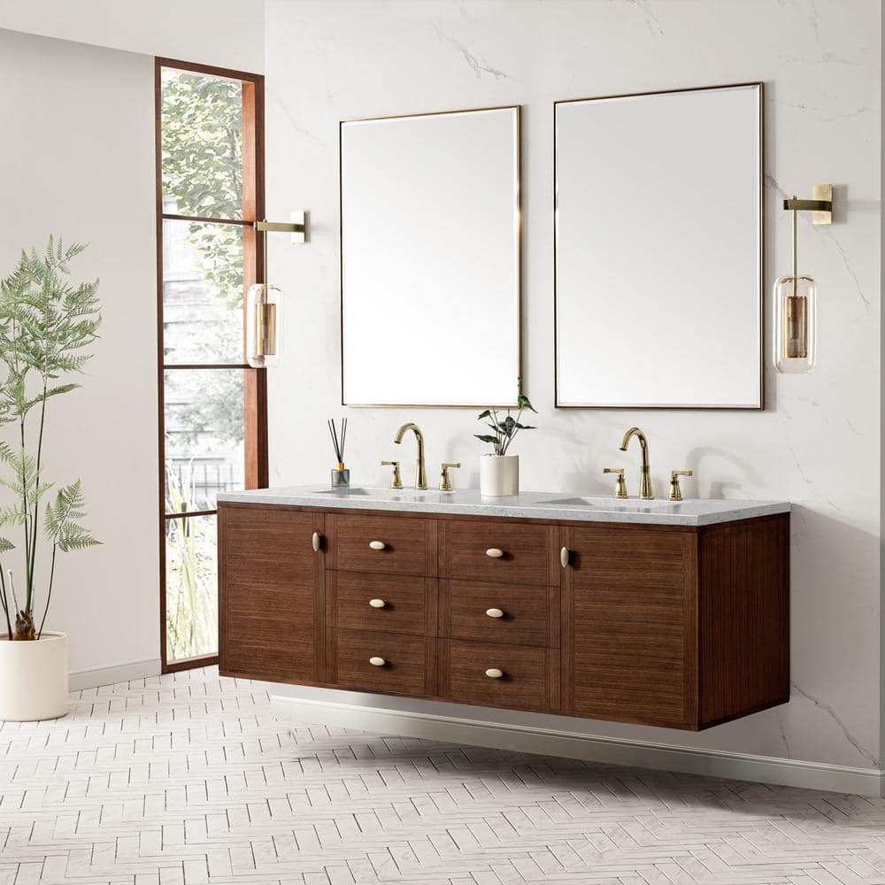 James Martin Vanities Amberly 72" Mid-Century Walnut Bathroom Vanity with Quartz Top