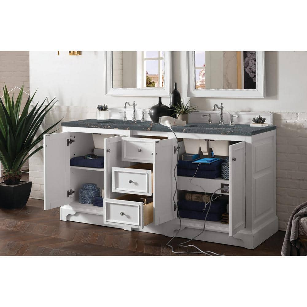 James Martin Vanities De Soto 73.3 in. Double Bathroom Vanity in Bright White with Parisien Bleu Quartz Top