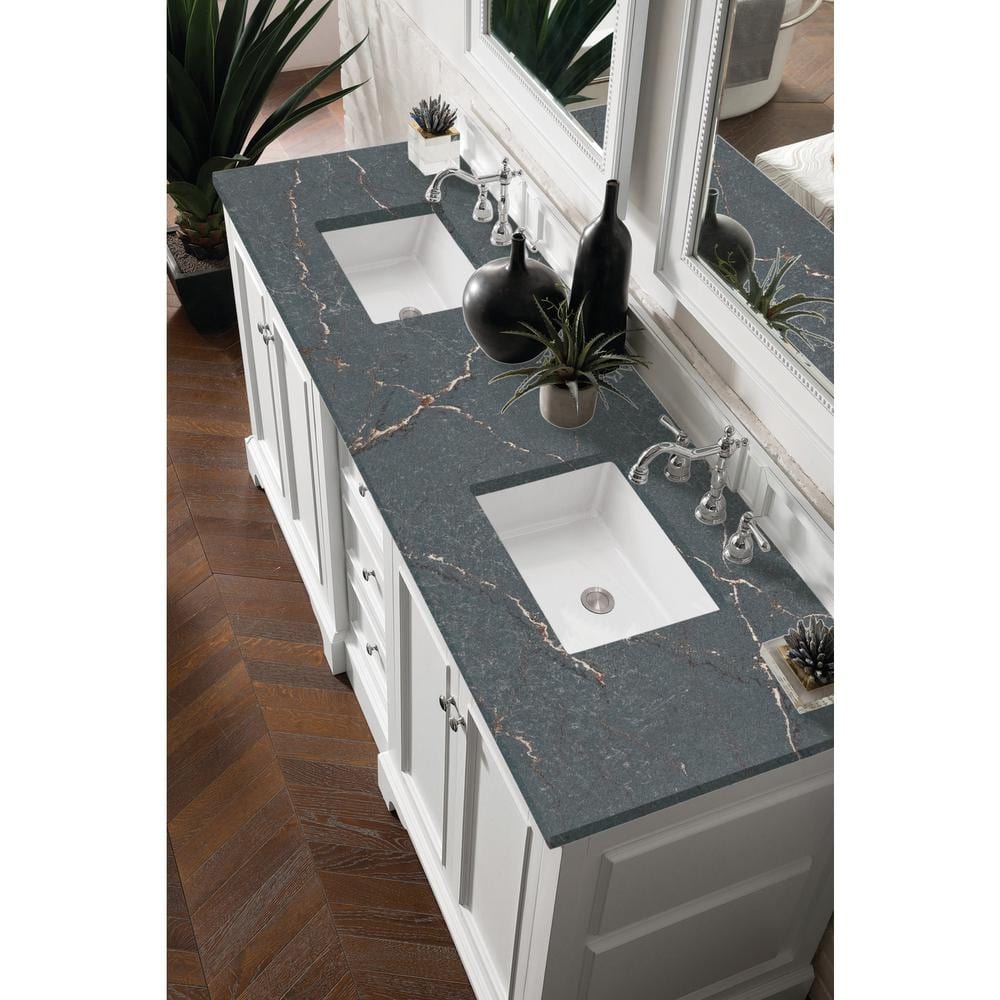 James Martin Vanities De Soto 73.3 in. Double Bathroom Vanity in Bright White with Parisien Bleu Quartz Top