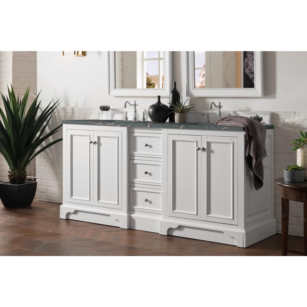 James Martin Vanities De Soto 73.3 in. Double Bathroom Vanity in Bright White with Parisien Bleu Quartz Top
