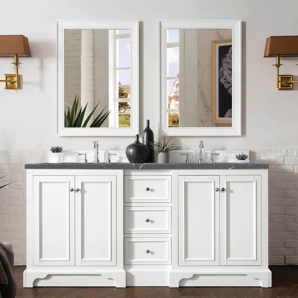 James Martin Vanities De Soto 73.3 in. Double Bathroom Vanity in Bright White with Parisien Bleu Quartz Top