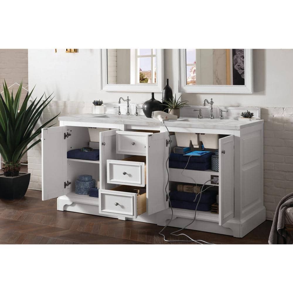 James Martin Vanities De Soto Double Bathroom Vanity with Victorian Silver Quartz Top, Bright White, 73.3 in. Width
