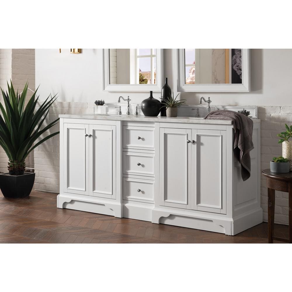 James Martin Vanities De Soto Double Bathroom Vanity with Victorian Silver Quartz Top, Bright White, 73.3 in. Width