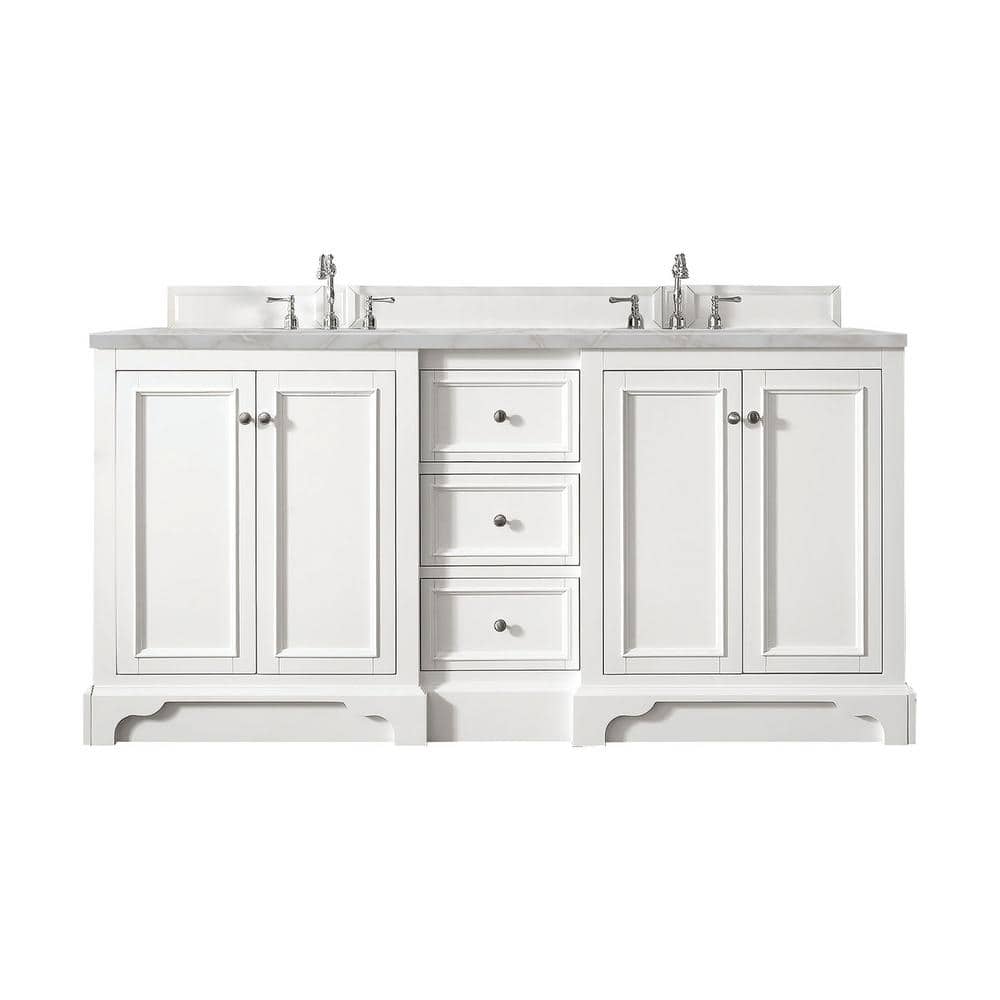 James Martin Vanities De Soto Double Bathroom Vanity with Victorian Silver Quartz Top, Bright White, 73.3 in. Width
