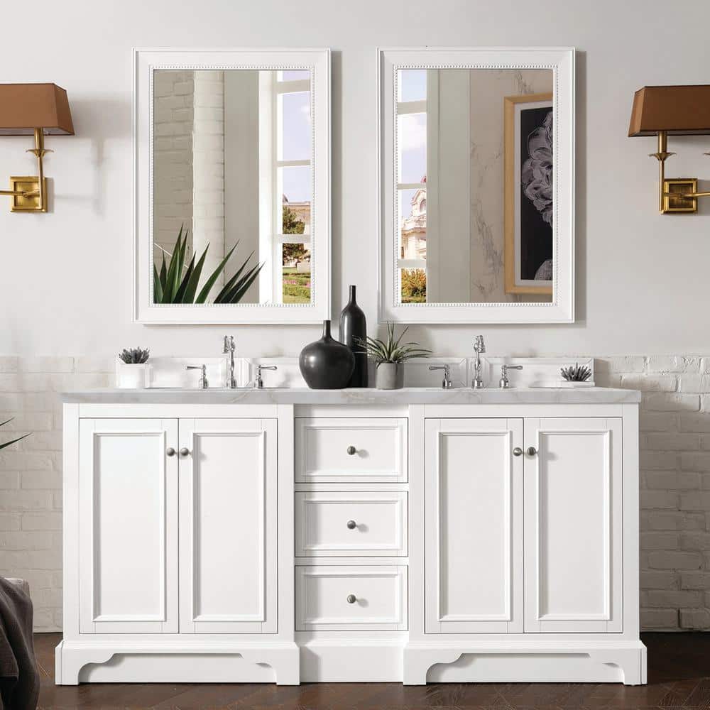 James Martin Vanities De Soto Double Bathroom Vanity with Victorian Silver Quartz Top, Bright White, 73.3 in. Width