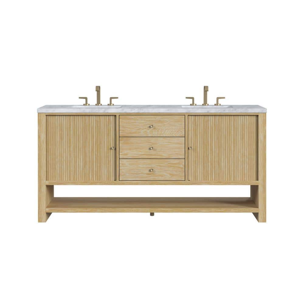James Martin Vanities Marigot 72" Double Bathroom Vanity in Sunwashed Oak with Carrara White Marble Top