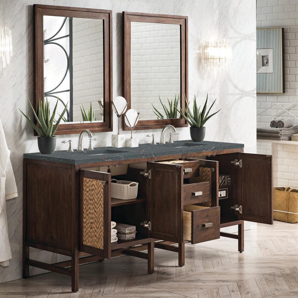 James Martin Vanities Addison 72" Double Vanity in Mid-Century Acacia with Parisien Bleu Quartz Top