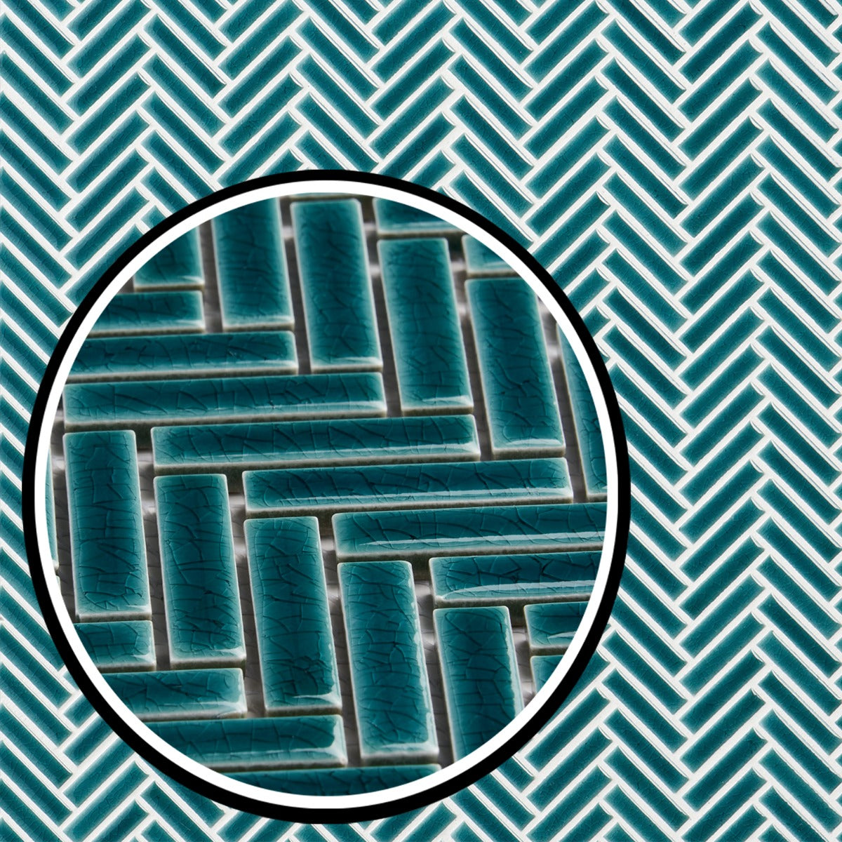 Kai Teal Herringbone Crackled Glossy Porcelain Mosaic Tile - Lux Tile