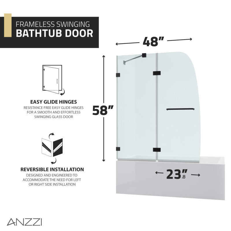 Pacific 48 in. x 58 in. Frameless Hinged Bathtub Door in Chrome
