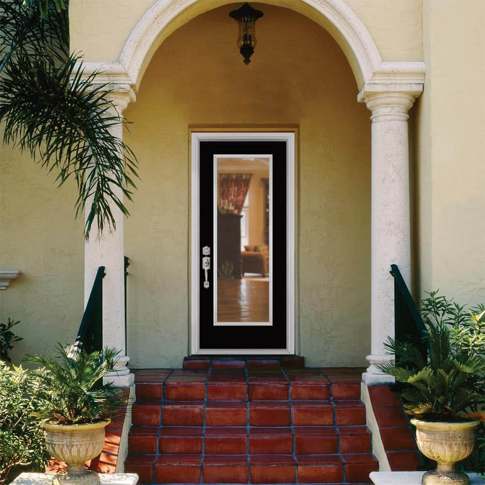 Masonite 36 in. x 80 in. Full Lite Jet Black Left Hand Inswing Painted Smooth Fiberglass Prehung Front Exterior Door with Brickmold