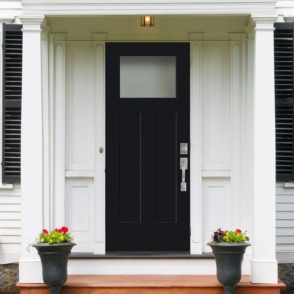 36 in. x 80 in. Craftsman Pearl Right-Hand/Inswing Frosted Glass Jet Black Painted Fiberglass Prehung Front Door