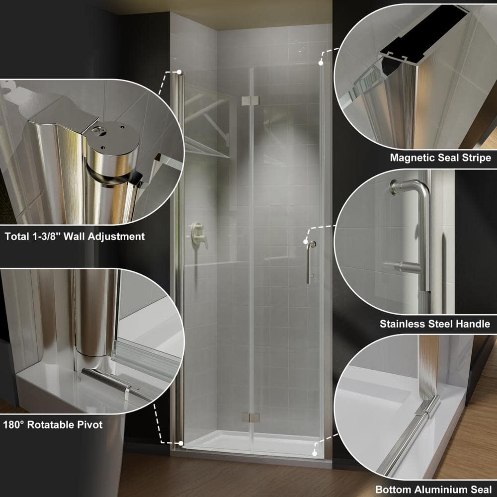 JimsMaison 32 in. W x 72 in. H Bifold Semi-Frameless Shower Door in Brushed Nickel Finish with Clear Glass
