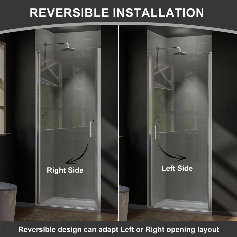 JimsMaison 30 in. W x 72 in. H Pivot Semi-Frameless Shower Door in Brushed Nickel with Clear Glass