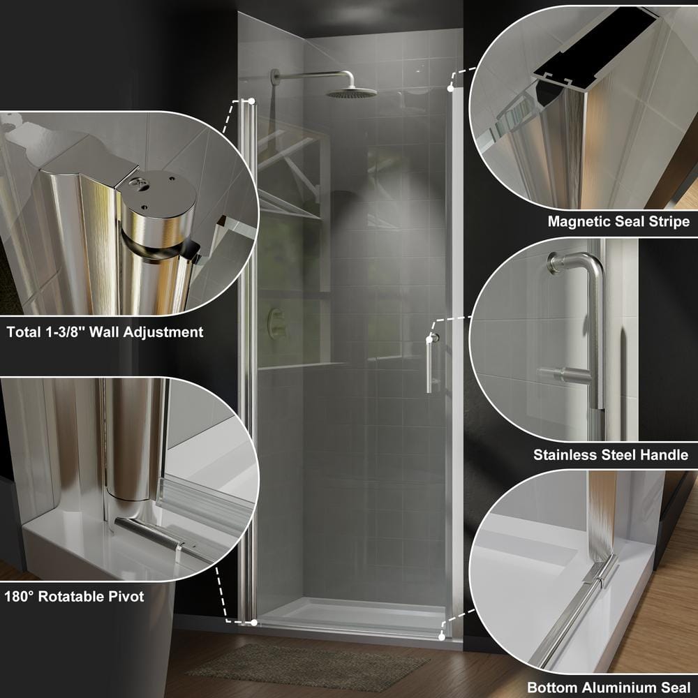 JimsMaison 30 in. W x 72 in. H Pivot Semi-Frameless Shower Door in Brushed Nickel with Clear Glass