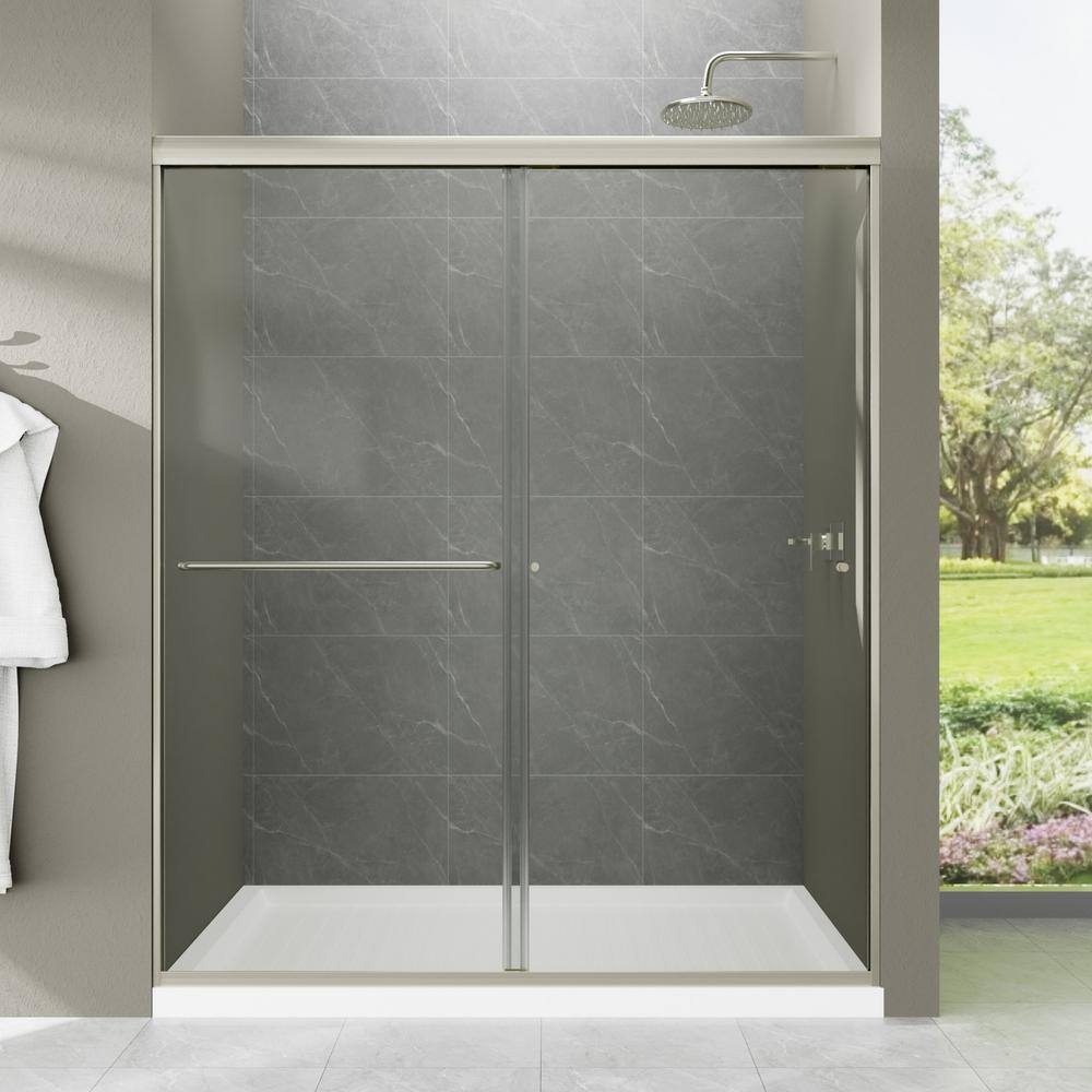 JimsMaison 60 in. W x 70 in. H Pivot Semi-Frameless Shower Door in Brushed Nickel Finish with Tempered Glass