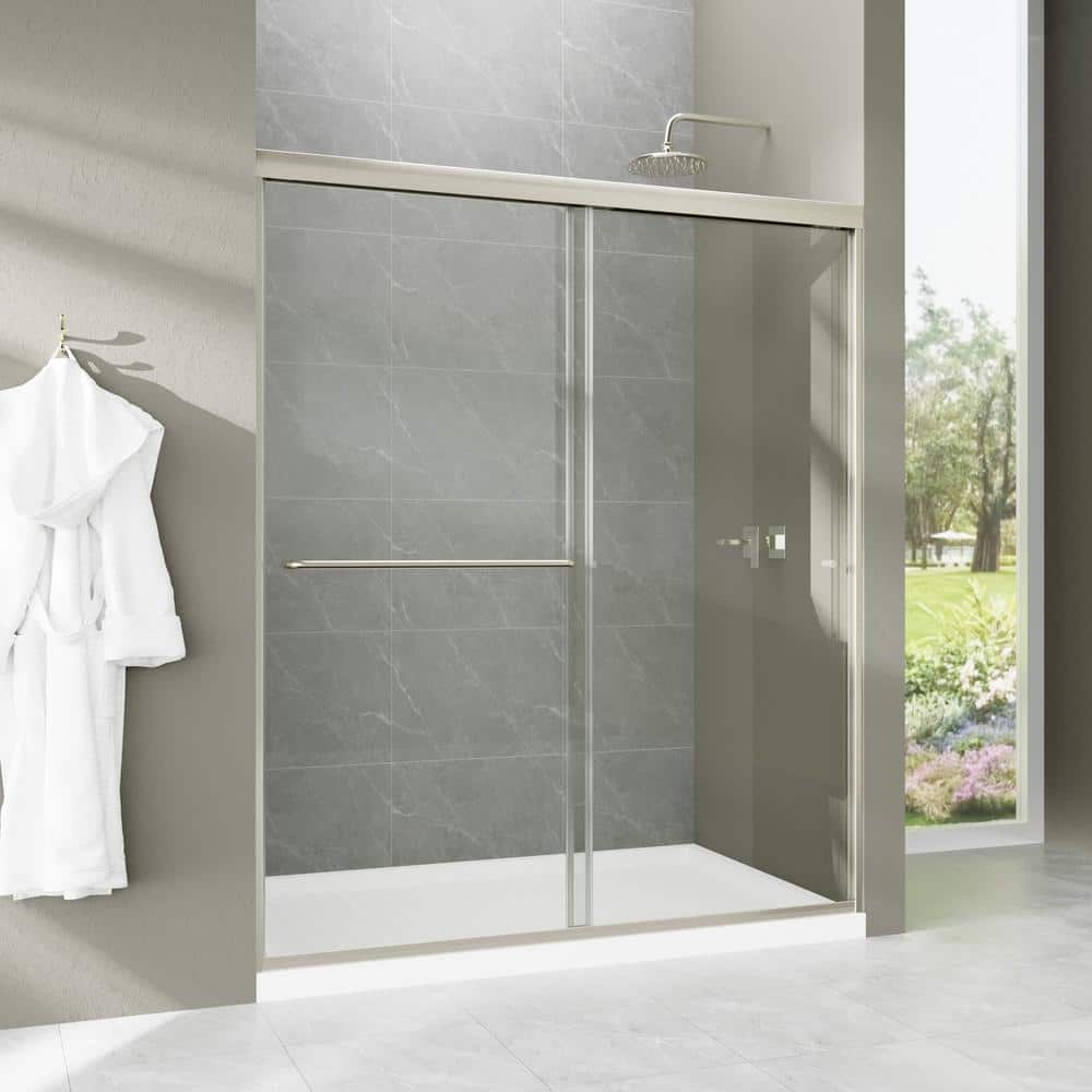 JimsMaison 60 in. W x 70 in. H Sliding Semi-Frameless Shower Door in Brushed Nickel Finish with Tempered Glass