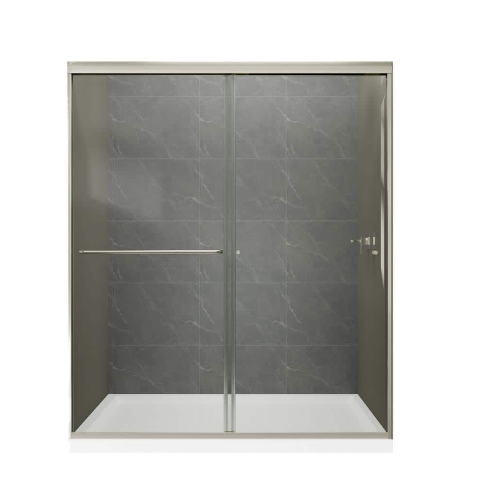 JimsMaison 60 in. W x 70 in. H Sliding Semi-Frameless Shower Door in Brushed Nickel Finish with Tempered Glass