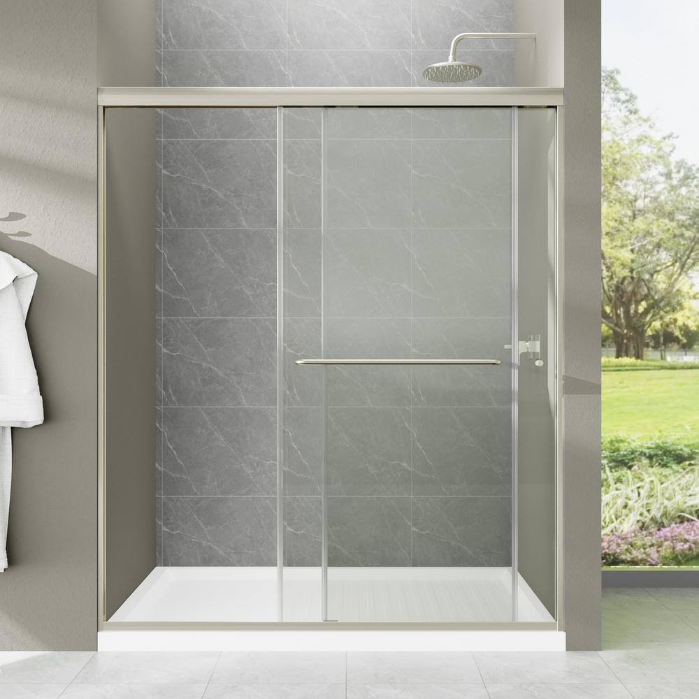 JimsMaison 60 in. W x 70 in. H Sliding Semi-Frameless Shower Door in Brushed Nickel Finish with Tempered Glass