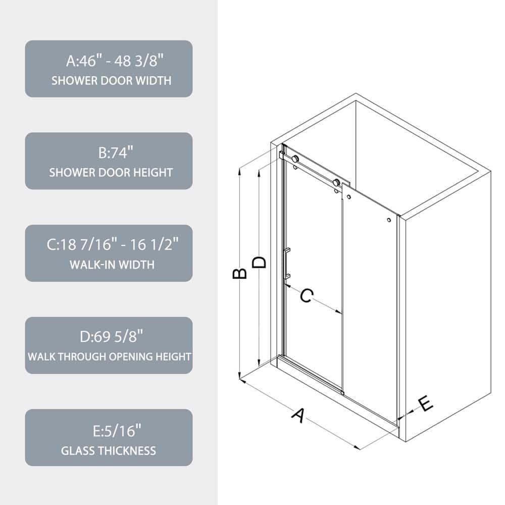 JimsMaison 48 in. W x 74 in. H Sliding Semi-Frameless Shower Door in Matte Black Finish with Clear Tempered Glass