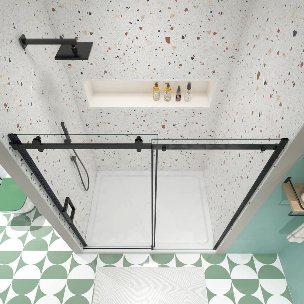 JimsMaison 48 in. W x 74 in. H Sliding Semi-Frameless Shower Door in Matte Black Finish with Clear Tempered Glass