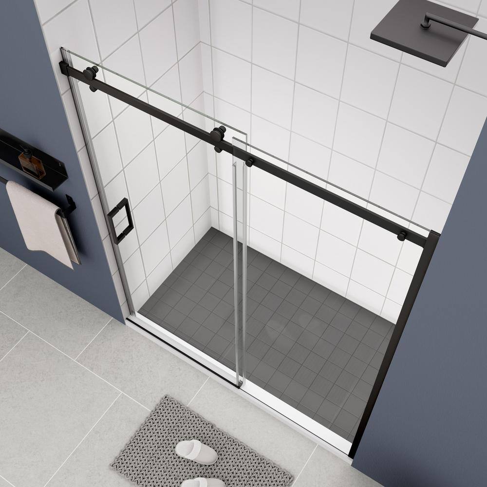 JimsMaison 48 in. W x 74 in. H Sliding Semi-Frameless Shower Door in Matte Black Finish with Clear Tempered Glass
