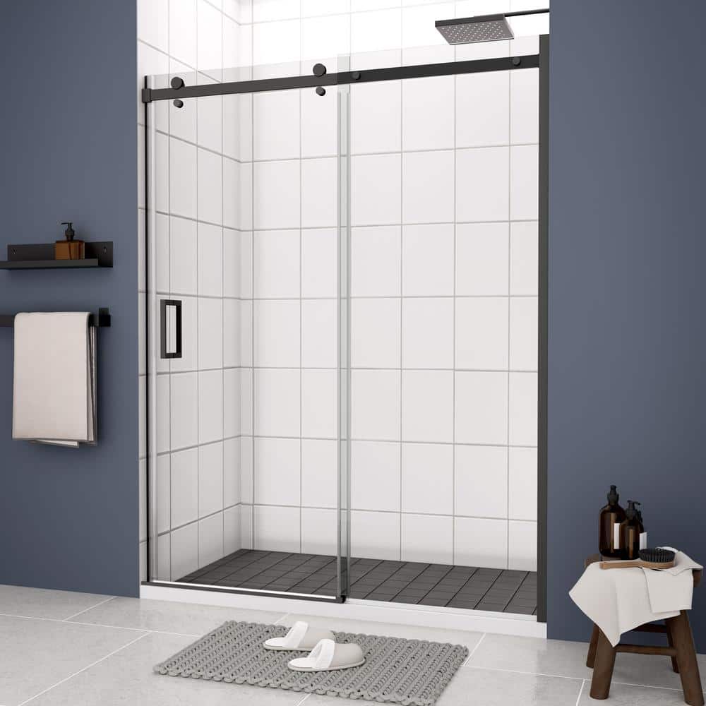 JimsMaison 48 in. W x 74 in. H Sliding Semi-Frameless Shower Door in Matte Black Finish with Clear Tempered Glass