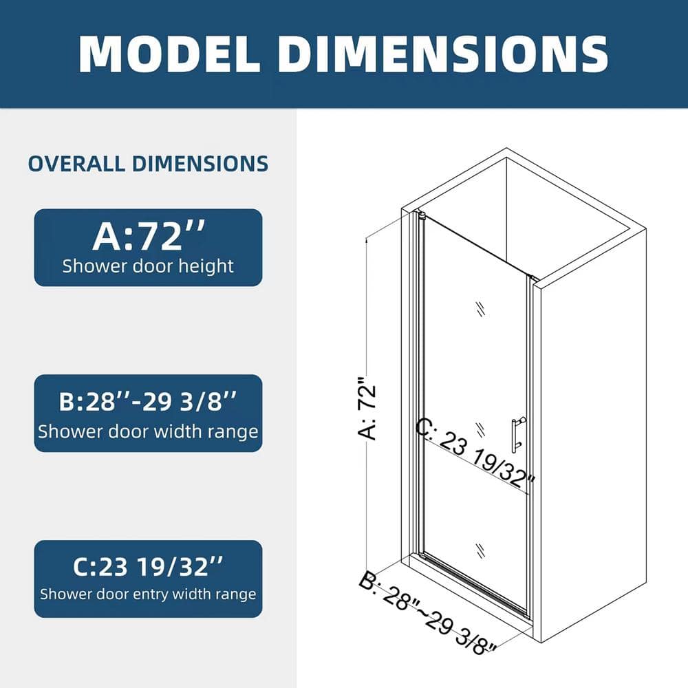 JimsMaison 28 in. W x 72 in. H Pivo Semi-Frameless  Shower Door in Chrome Finish with Clear Tempered Glass