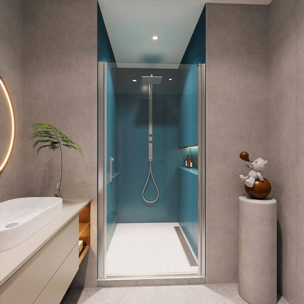 JimsMaison 28 in. W x 72 in. H Pivo Semi-Frameless  Shower Door in Chrome Finish with Clear Tempered Glass