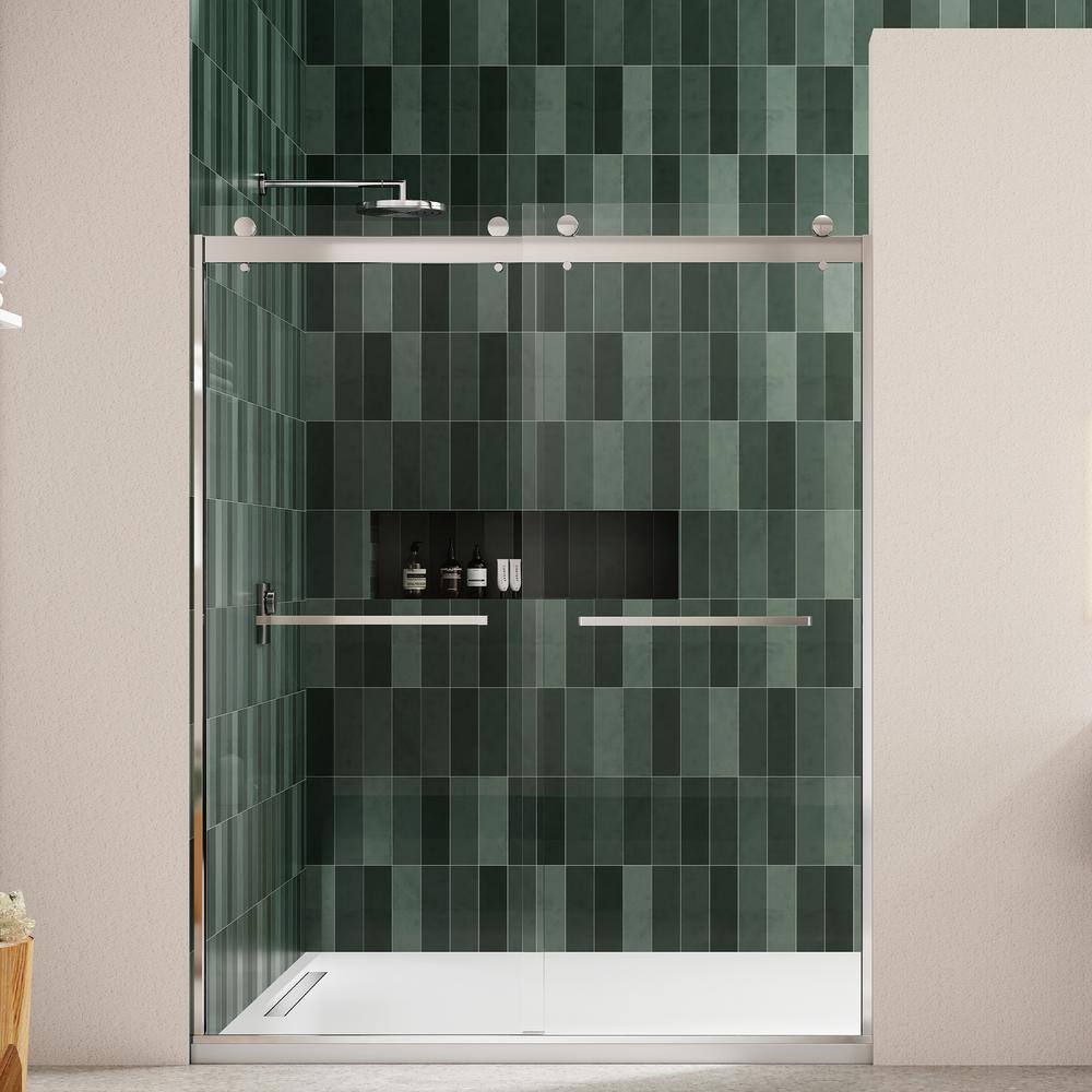 JimsMaison 60 in. W x 74 in. H Sliding Semi-Frameless Shower Door in Brushed Nickel Finish with Tempered Glass