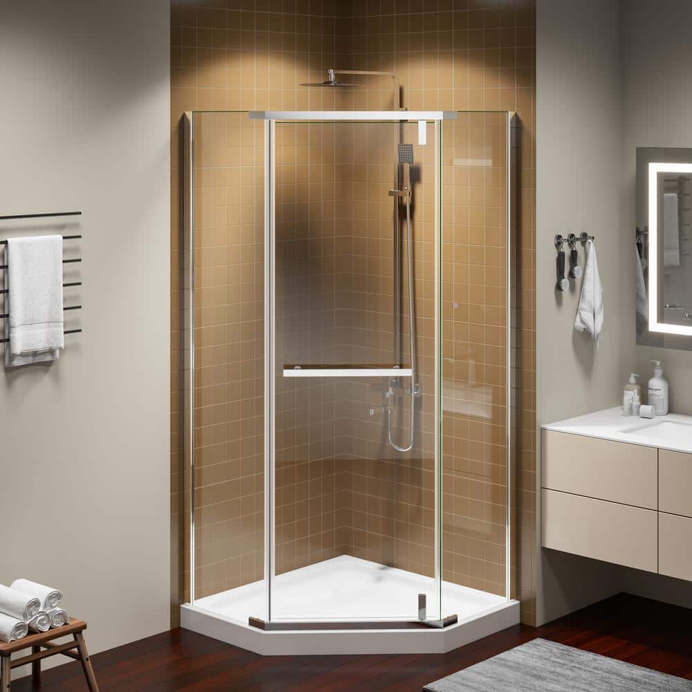 JimsMaison 36 in. W x 72 in. H Pivot Semi Frameless Corner Shower Enclosure in Chrome Finish with Tempered Glass